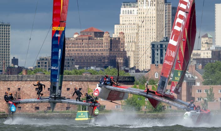 , Emirates Great Britain SailGP Team driven by Dylan Fletcher and Los Gallos SailGP Team driven by Diego Botin racing on Race Day 1 of the Mubadala New York Sail Grand Prix in New York, USA. Saturday 30 May 2026. Rolex SailGP Championship Event 6 2026 Season. Photo: Ricardo Pinto for SailGP. Handout image supplied by SailGP New York City United States  Copyright: xRicardoxPintoxforxSailGPx 0857940303st