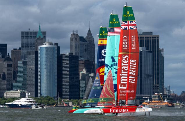 , Los Gallos SailGP Team driven by Diego Botin, United States SailGP Team driven by Taylor Canfield and Emirates Great Britain SailGP Team driven by Dylan Fletcher race alongside each other with the Manhattan skyline in the background on Race Day 1 of the Mubadala New York Sail Grand Prix in New York, USA. Saturday 30 May 2026. Rolex SailGP Championship Event 6 2026 Season. Photo: Simon Bruty for SailGP. Handout image supplied by SailGP New York City United States  Copyright: xSimonxBrutyxforxSailGPx 0857940615st