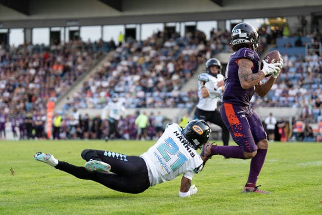 30 05 2026, xhfmx, American Football EFA European Football Alliance, Frankfurt Galaxy Munich Ravens v l Bijon Harris Munich Ravens, 21 , Brevin Easton Frankfurt Galaxy, 81 DFL DFB REGULATIONS PROHIBIT ANY USE OF PHOTOGRAPHS as IMAGE SEQUENCES and or QUASI VIDEO Frankfurt am Main