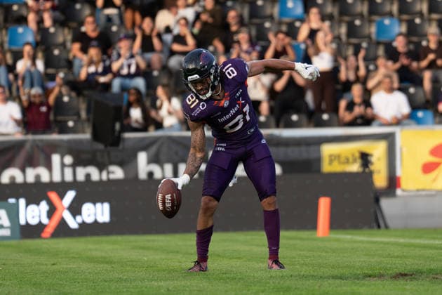 30 05 2026, xhfmx, American Football EFA European Football Alliance, Frankfurt Galaxy Munich Ravens Brevin Easton Frankfurt Galaxy, 81 celebrates a touchdown DFL DFB REGULATIONS PROHIBIT ANY USE OF PHOTOGRAPHS as IMAGE SEQUENCES and or QUASI VIDEO Frankfurt am Main