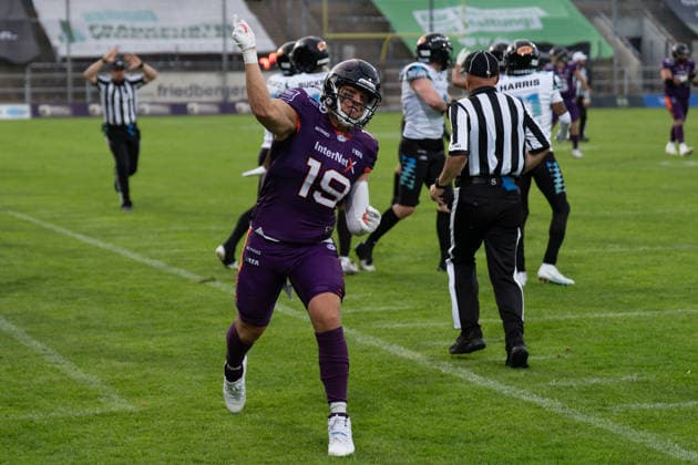 30 05 2026, xhfmx, American Football EFA European Football Alliance, Frankfurt Galaxy Munich Ravens Nico Strahmann Frankfurt Galaxy, 19 jubelt DFL DFB REGULATIONS PROHIBIT ANY USE OF PHOTOGRAPHS as IMAGE SEQUENCES and or QUASI VIDEO Frankfurt am Main