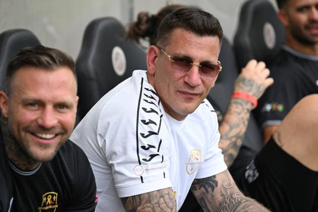 30 05 2026, xsvx, Soccer Langholz Cup 2026, v l Rapper musician Kontra K Rapper musician Gzuz 187 Strassenbande Kristoffer Jonas Klauß Klauss Wiesbaden