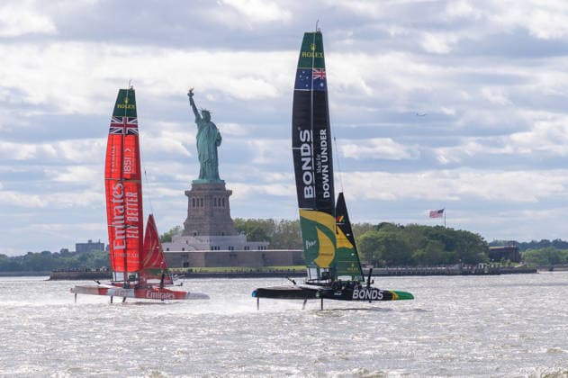 May 30, 2026, New York, United States: (L-R) Team Emirates GBR and Team Australia BONDS Flying Roos SailGP boats practice during Day 1 of the Mubadala New York Sail Grand Prix at New York Harbor in New York City. New York United States - ZUMAs197 0857963750st Copyright: xRonxAdarx