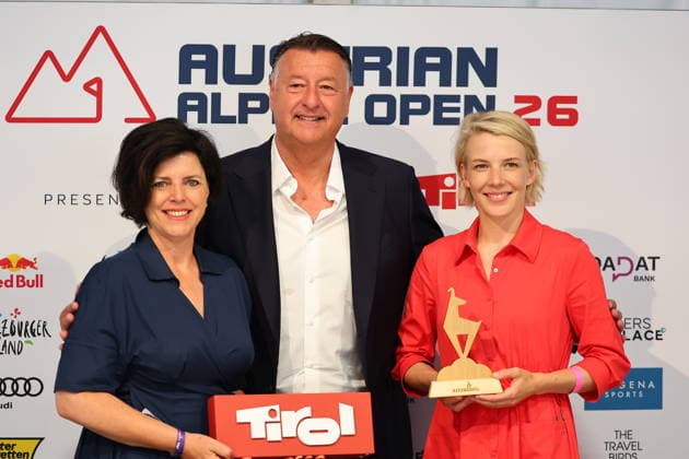 GOLF - Austrian Alpine Open KITZBUEHEL,AUSTRIA,31.MAY.26 - GOLF - DP World Tour, Austrian Alpine Open, GC Kitzbuehel-Schwarzsee-Reith. Image shows Karin Seiler, Edwin Weindorfer and Viktoria Veider Walser.  GEPAxpictures xAmirxBeganovic