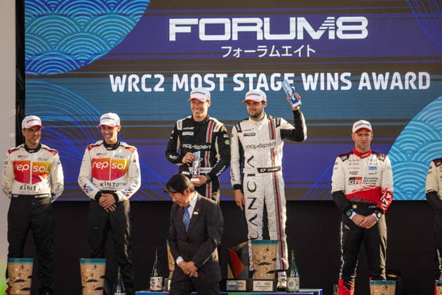 AUTO - WRC, Motorsport Rallye, WM - RALLY JAPAN 2026 GRYAZIN Nikolay, Lancia Ypsilon HF, portrait, ALEKSANDROV Konstantin, Lancia Ypsilon HF, portrait, podium, portrait during the 2026 Rally Japan, 7th round of the 2026 FIA WRC World Rally Car Championship, from May 28 to 30, 2026 at Toyota, Aichi, Japan - ToyotaJapan Copyright: xNikosxKatikisx