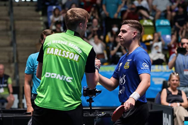 Darko Jorgic FC Saarbrücken TT wins against Matthias Falck SV Werder Bremen GER Frankfurt TTBL Liebherr Final Four FC Saarbruecken vs SV Werder Bremen, Table Tennis Suewag Energie Arena 30 05 2026 GER Frankfurt TTBL Liebherr Final Four Table Tennis Suewag Energie Arena FC Saarbruecken vs SV Werder Bremen German Championship 30 05 2026 Frankfurt Copyright: xEibner-Pressefoto JoergxHirschx EP_JHH