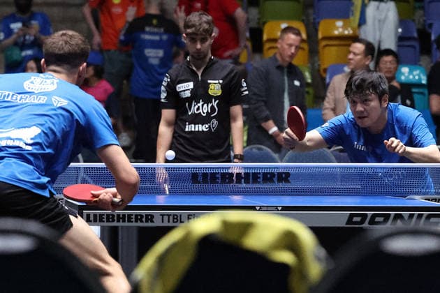 31 05 2026, xrekx, Table Tennis TTBL Final 4 Final, Borussia Düsseldorf 1 FC Saarbrücken v l Fan Zhendong 1 FC Saarbruecken TT Warmup warm up Warm up before the match DFL DFB REGULATIONS PROHIBIT ANY USE OF PHOTOGRAPHS as IMAGE SEQUENCES and or QUASI VIDEO Frankfurt am Main