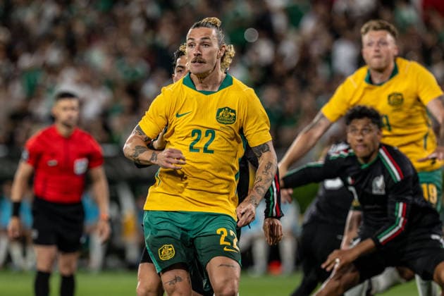 May 30, 2026, Pasadena, California, USA: The Mexico Men s National Soccer Team defeated Australia 1-0 in an International Friendly, Länderspiel, Nationalmannschaft match on May 30, 2026, at the Rose Bowl Stadium in Pasadena, California. In this photo Australia s JACKSON IRVINE going after the ball. Pasadena USA - ZUMAh234 20260530_zsp_h234_005 Copyright: xMarkxEdwardxHarrisx