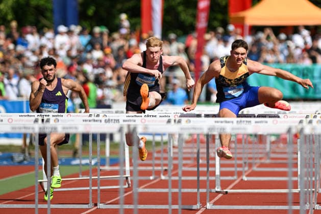 ATHLETICS - Hypomeeting Goetzis 2026 GOETZIS,AUSTRIA,31.MAY.26 - ATHLETICS - World Athletics Combined Events Tour, Hypomeeting, decathlon, 110m hurdles. Image shows Maxime Moitie-Charnois (FRA), Tomas Jaervinen (CZE) and Heath Baldwin (USA).  GEPAxpictures xOliverxLerch