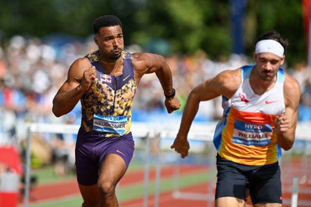 ATHLETICS - Hypomeeting Goetzis 2026 GOETZIS,AUSTRIA,31.MAY.26 - ATHLETICS - World Athletics Combined Events Tour, Hypomeeting, decathlon, 110m hurdles. Image shows Leo Neugebauer (GER) and Harrison Williams (USA).  GEPAxpictures xOliverxLerch
