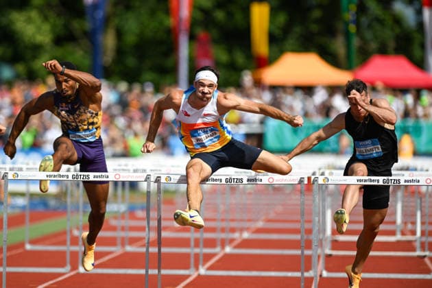 ATHLETICS - Hypomeeting Goetzis 2026 GOETZIS,AUSTRIA,31.MAY.26 - ATHLETICS - World Athletics Combined Events Tour, Hypomeeting, decathlon, 110m hurdles. Image shows Leo Neugebauer (GER), Harrison Williams (USA) and Risto Lillemets (EST).  GEPAxpictures xOliverxLerch