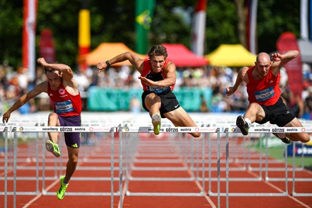 ATHLETICS - Hypomeeting Goetzis 2026 GOETZIS,AUSTRIA,31.MAY.26 - ATHLETICS - World Athletics Combined Events Tour, Hypomeeting, decathlon, 110m hurdles. Image shows Amadeus Graeber (GER), Jeff Tesselar (NED) and Karel Tilga (EST).  GEPAxpictures xOliverxLerch
