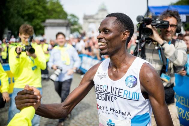Patrick Nimubona celebrates after winning the 46th edition of the Brussels 20km run, Sunday 31 May 2026 in Brussels. JASPERxJACOBS  x175528120x