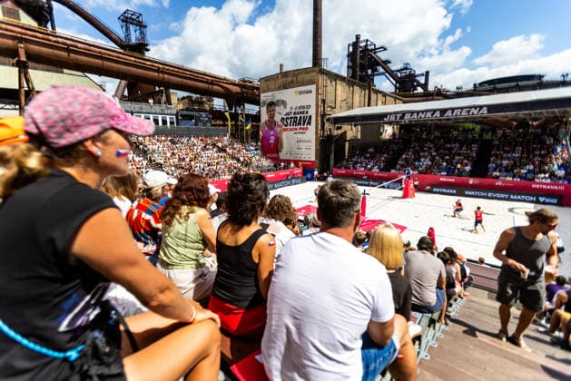 The Ondrej Perusic and Jiri Sedlak of Czech Republic vs Taylor Crabb and Andrew Benesh of USA match at the Pro Tour, Beach volleyball, Beachvolleyball tournament of Elite category, Ostrava, Czech Republic, May 31, 2026. (CTKxPhoto VladimirxPrycek) CTKPhotoP2026053102368  CTKPhotoP2026053102368