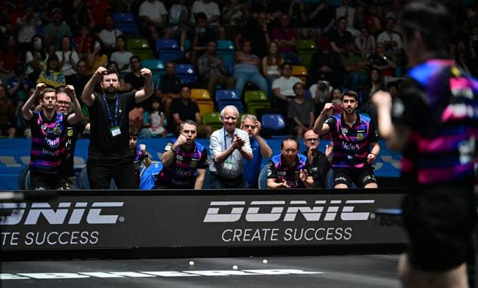 The bench of 1 FC Saarbrücken TT in the final of the TTBL Final Four in Frankfurt The bench of 1 FC Saarbrücken TT cheers in the final of the TTBL Final Four in Frankfurt am Main at the Süwag Energie Arena on May 31, 2026 Frankfurt am Main Hessen Germany
