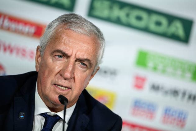 260531 IIHF President Luc Tardif at an end of tournament press conference organized by IIHF and the 2026 IIHF Ice Hockey World Championship Organizing Committee during the 2026 IIHF Ice Hockey World Championship on May 31, 2026 in Zurich Photo Jesper Zerman BILDBYRAN kod JZ JZ0741 ishockey ice hockey ishockey vm 2026 vm 2026 iihf world championship bbeng presskonferens  Copyright: JESPERxZERMAN BB260531JZ013