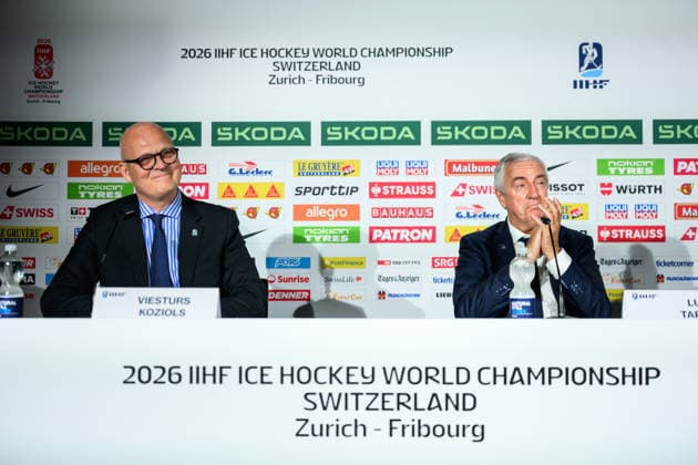 260531 IIHF Council member Viesturs Koziols and IIHF President Luc Tardif at an end of tournament press conference organized by IIHF and the 2026 IIHF Ice Hockey World Championship Organizing Committee during the 2026 IIHF Ice Hockey World Championship on May 31, 2026 in Zurich Photo Jesper Zerman BILDBYRAN kod JZ JZ0741 ishockey ice hockey ishockey vm 2026 vm 2026 iihf world championship bbeng presskonferens  Copyright: JESPERxZERMAN BB260531JZ017