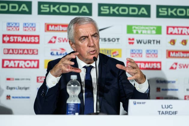 260531 IIHF President Luc Tardif at an end of tournament press conference organized by IIHF and the 2026 IIHF Ice Hockey World Championship Organizing Committee during the 2026 IIHF Ice Hockey World Championship on May 31, 2026 in Zurich Photo Jesper Zerman BILDBYRAN kod JZ JZ0741 ishockey ice hockey ishockey vm 2026 vm 2026 iihf world championship bbeng presskonferens  Copyright: JESPERxZERMAN BB260531JZ018