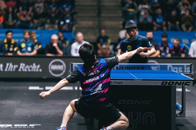 31 05 2026 Table Tennis, Men, TTBL, Bundesliga, Playoff, Final Four, 1 FC Saarbrücken, Borussia Düsseldorf, Final Fan Zhendong Saarbrücken vs Dang Qiu Düsseldorf Frankfurt am Main, Süwag Energi Hessen Germany P1103552-2