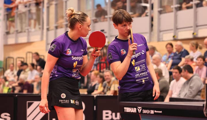 Sabina Surjan in doubles with Nina Mittelham ttc action upper body sport table tennis final German championship Bundesliga womens season 2025 2026 31 05 2026 ttc eastside Berlin vs TSV Dachau