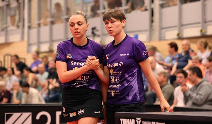 Sabina Surjan in doubles with Nina Mittelham ttc action upper body sport table tennis final German championship Bundesliga womens season 2025 2026 31 05 2026 ttc eastside Berlin vs TSV Dachau