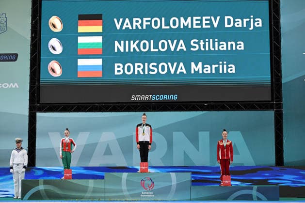 IPA85209983 - RIBBON medal ceremony: VARFOLOMEEV Darja (GER) gold, NIKOLOVA Stiliana (BUL) silver, BORISOVA Mariia (RUS) bronze during European Championships in Rhythmic gymnastics, Rhythmische Sportgymnastik, RSG Gymnastics in Varna, Bulgaria, May 31 2026  Copyright: xFilippoxTomasi IPAxSportx xx 85209983