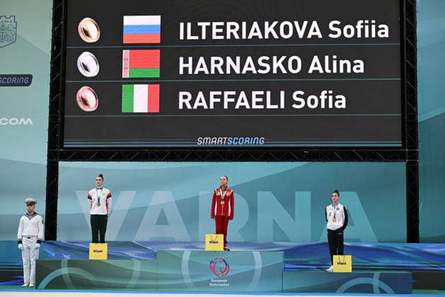 IPA85209987 - medal ceremony HOOP ILTERIAKOVA Sofiia gold HARNASKO Alina silver RAFFAELI Sofia bronze during European Championships in Rhythmic gymnastics, Rhythmische Sportgymnastik, RSG Gymnastics in Varna, Bulgaria, May 31 2026  Copyright: xFilippoxTomasi IPAxSportx xx 85209987