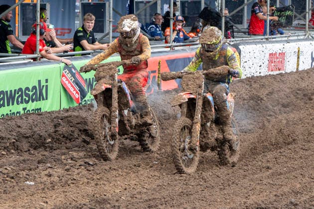MXGP of Teutschenthal 2026 Teutschenthal, Germany 31 May 2026 Pictured from left Rathousky Petr KTM CZE ACCR and Farres Guillem Triumph ESP RFME Triumph Racing MX2 Factory Team Teutschenthal Motocross Track Talkessel Sachsen Anhalt Germany