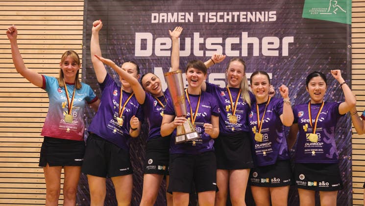 Sabina Surjan, Natalia Bajor, Sabina Surjan, Nina Mittelham with trophy, Josi Neumann, Mia Griesel, Yuka Kaneyoshi,TTC Eastside Berlin cheers and celebrates the German Championship German Champion Sport Table Tennis Final German Championship Bundesliga Women Season 2025 2026 31 05 2026 ttc eastside Berlin vs TSV Dachau