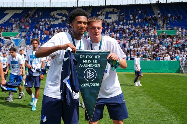 31 05 2026, xydrx, Herren, Fußball, U19 DFB Nachwuchsliga, Finale, TSG 1899 Hoffenheim 1 FC Köln, Saison 2025 2026, PreZero Arena TSG 1899 Hoffenheim players celebrate the victory in the final of the U19 DFB Nachwuchsliga DFB regulations prohibit any use of photographs as image sequences and or quasi video Copyright: HMBxMedia YannisxDreimann