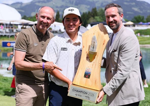 GOLF - Austrian Alpine Open KITZBUEHEL,AUSTRIA,31.MAY.26 - GOLF - DP World Tour, Austrian Alpine Open, GC Kitzbuehel-Schwarzsee-Reith. Image shows Leo Bauernberger, Kota Kaneko (JPN) and Stefan Schnoell.  GEPAxpictures xAmirxBeganovic