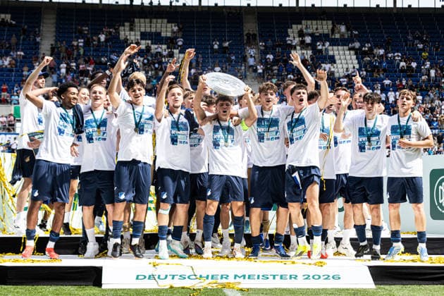 U19 DFB Nachwuchsliga A, 2025 2026, Final TSG Hoffenheim U19 1 FC Köln U19 31 05 2026 TSG 1899 Hoffenheim U19 German champion 2026, Award ceremony, championship trophy U19 DFB Nachwuchsliga A, 2025 2026, Final TSG Hoffenheim U19 1 FC Köln U19 PreZero Arena, Sinsheim 31 05 2026 DFB regulations prohibit any use of photographs as image sequences and or quasi video Copyright: xBEAUTIFULxSPORTS Buriakovx