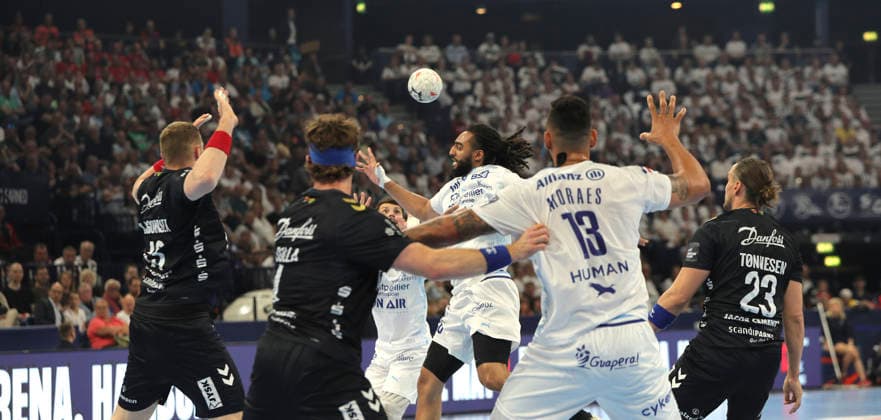 photo Hugo Bryan MONTE dos SANTOS approaching Montpellier Handball Men on Sun 31 05 2026 Mens EHF European League , Final Four in Hamburg SG Flensburg Montpellier HB Match for 3rd place