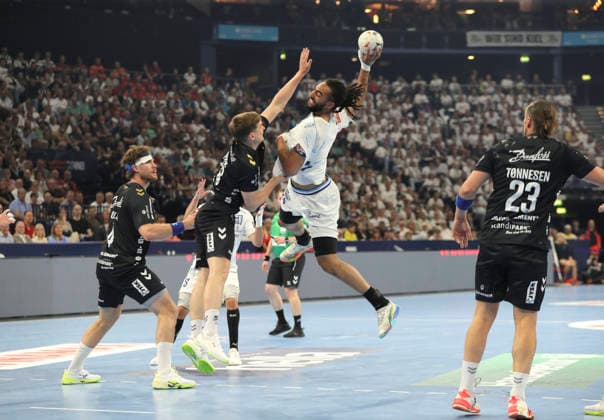 photo Goal shot by Hugo Bryan MONTE dos SANTOS against Novak Flensburg Handball Men on Sun 31 05 2026 Mens EHF European League , Final Four in Hamburg SG Flensburg Montpellier HB Match for 3rd place