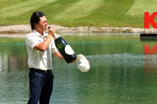 KITZBUEHEL, AUSTRIA - MAY 31: Winner KANEKO, Kota (JPN) drings champagne at the Austrian Alpine Open presented by Kitzbuehel Tirol, DP World TOUR, Final Round on May 31, 2026 in Kitzbuehel, Austria.DP World Tour Austrian Alpine Open, Kitzbuehel, 31.05.2026 Tirol Austria Copyright: xPhotographer:xNilsxKoepkex