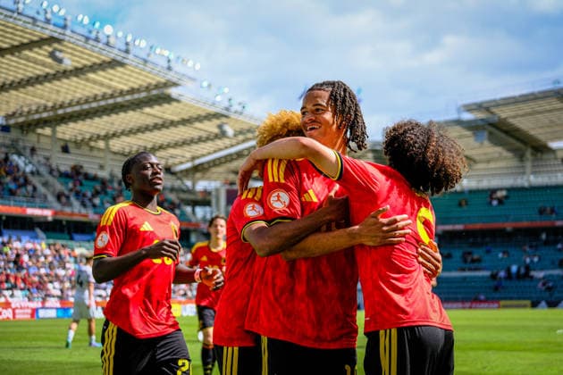UEFA Under-17 European Championship, EM, Europameisterschaft Estonia 2026 Noah Kalonji Kafumpata and Belgium team celebrating scoring the goal during the UEFA Under-17 European Championship Group-A match between Belgium U-17 vs Estonia U-17 national teams, Tallinn Estonia 31.05.2026 Tallinn A Le Coq Arena Estonia Copyright: xMaurixLevandix