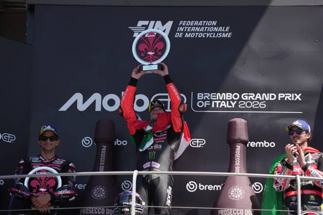 31 05 2026, Autodromo Internazionale del Mugello, Mugello, MotoGP Italian Grand Prix 2026 ,in the picture winner Marco Bezzecchi ITA , Aprilia Racing, 2nd place for Jorge Martin ESP , 3rd place for Francesco Bagnaia ITA , Ducati Lenovo Team Photo by Hasan Bratic DeFodi Images
