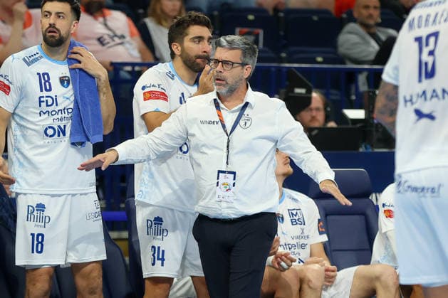 31 05 2026 ,xgox, Handball Handball EHF European League, match for 3rd place Montpellier Handball SG Flensburg Handewitt emspor, f l Erick Mathe Montepellier, coach gives instructions, gesticulates with his arms, gives instructions Hamburg