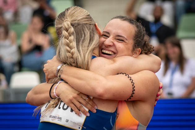 DRESDEN , GERMANY - MAY 31: Rosina Schneider (GER Germany) and Lia Flotow (GER Germany) celebrating after the 100m hurdles during the Golden Oval Continental Tour Silver meeting on May 31, 2026 at Heinz-Steyer-Stadion in Dresden, Saxony, Germany. Saxony Germany Copyright: xAxelxKohringx