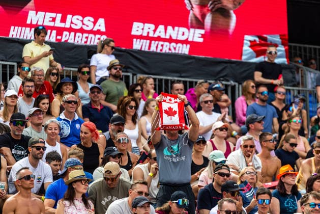 Fan with Canadian flag during the Raisa Schoon and Katja Stam of Netherlands vs Melissa Human-Paredes and Brandie Wilkerson of Canada match at the Pro Tour, Beach volleyball, Beachvolleyball tournament of Elite category, Ostrava, Czech Republic, May 31, 2026. (CTKxPhoto VladimirxPrycek) CTKPhotoP2026053103622  CTKPhotoP2026053103622