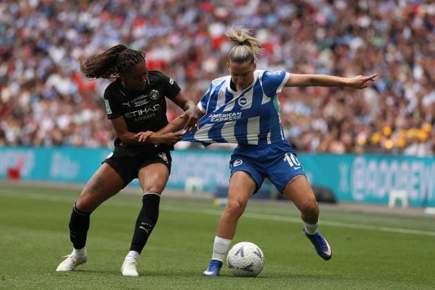 RECORD DATE NOT STATED 31st May 2026; Wembley Stadium, London, England; Womens FA Cup Final Football, Brighton and Hove Albion versus Manchester City; Kerolin of Manchester City and Jelena Cankovic of Brighton and Hove Albion battle for possession KatiexChan