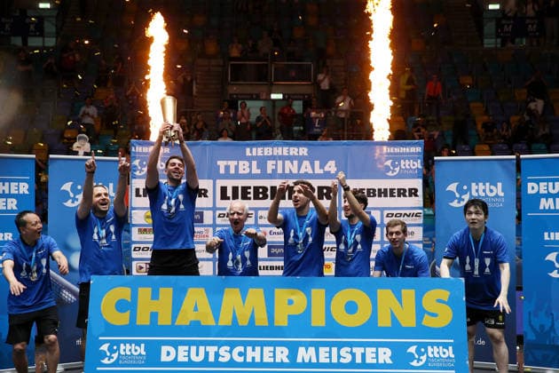 31.05.2026, xrekx, Tischtennis TTBL Final 4 Finale, Borussia Düsseldorf - 1. FC Saarbrücken v.l. 1. FC Saarbrücken TT Deutscher Meister 2026 (DFL DFB REGULATIONS PROHIBIT ANY USE OF PHOTOGRAPHS as IMAGE SEQUENCES and or QUASI-VIDEO) Frankfurt am Main