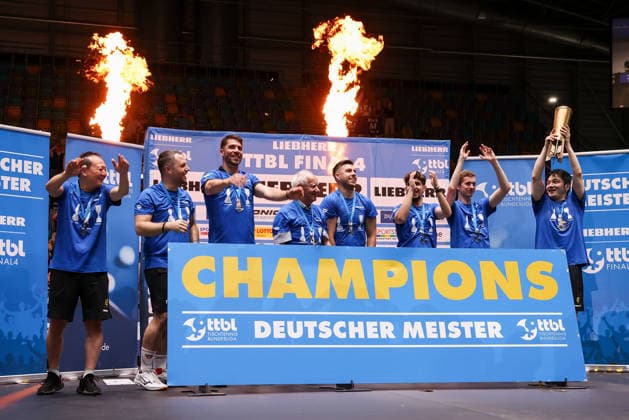 1. FC Saarbrücken Table tennis, Tischtennis celebrates winning the German Championship and fans, Fan Zhendong (CHN 1.FC Saarbruecken-TT) with Cup after the final matches of the Liebherr TTBL Final4 Borussia Düsseldorf - FC Saarbrücken Tischtennis at the Süwag Energie ARENA on May 31, 2026, in Frankfurt, Germany Copyright: JoaquimxFerreira