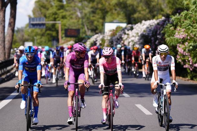 Italy™s Giulio Ciccone of Lidl-Trek blue jersey,Denmark™s Jonas Vingegaard Hansen of Team Visma Lease A Bike pink jersey ,France™s Paul Magnier of Soudal Quick-Step cyclamen jersey,Portugal™s Afonso Oliveira Eulalio of Bahrain Victorious white jersey during Stage 21 of the Giro d™Italia from Rome to Rome Italy, Monday May 31, 2026  Copyright: xFabioxFerrari LaPressex