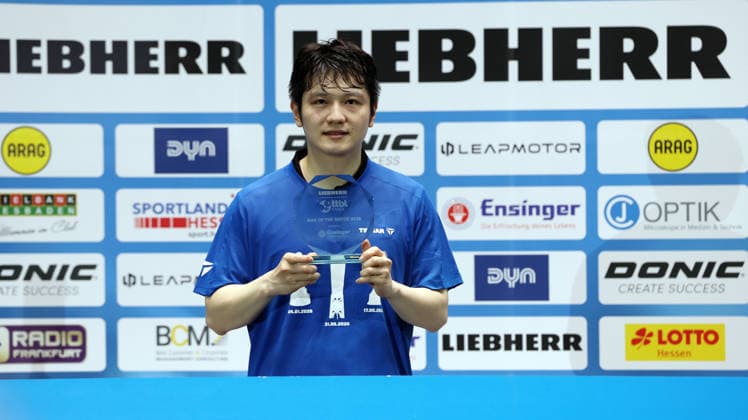 31 05 2026, xrekx, Table Tennis TTBL Final 4 Final, Borussia Düsseldorf 1 FC Saarbrücken v l Man o fthe Match Fan Zhendong 1 FC Saarbruecken TT DFL DFB REGULATIONS PROHIBIT ANY USE OF PHOTOGRAPHS as IMAGE SEQUENCES and or QUASI VIDEO Frankfurt am Main
