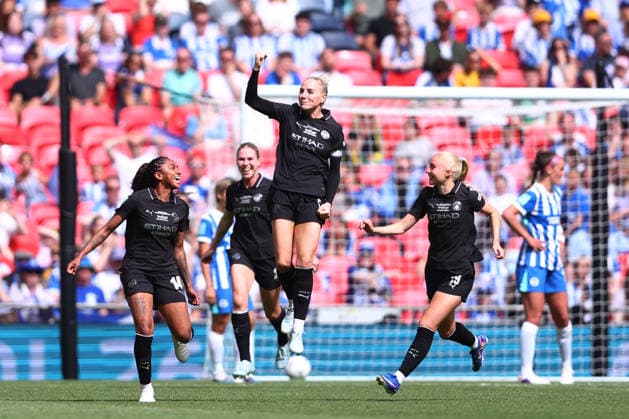 London, England, 31st May 2026. Alex Greenwood of Manchester City Women celebrates after scoring to make it 2-0 during the Brighton Women vs Manchester City Women The Women s FA Cup match at Wembley Stadium, London. Picture credit should read: Paul Terry Sportimage EDITORIAL USE ONLY. No use with unauthorised audio, video, data, fixture lists, club league logos or live services. Online in-match use limited to 120 images, no video emulation. No use in betting, games or single club league player publications. SPI_017_PT_Brighton_W_Man_City_W SPI-4831-0017