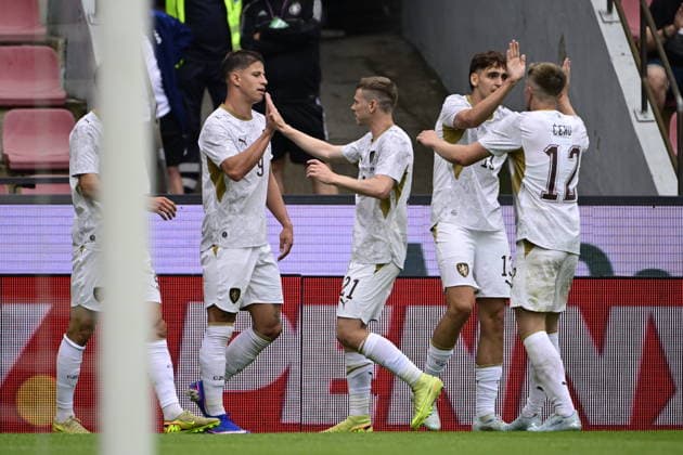 Adam Hlozek of Czech Republic, 2nd left, celebrates a goal with his teammates during the Czech Republic vs Kosovo soccer friendly match, in Prague, Czech Republic, May 31, 2026. (CTKxPhoto RomanxVondrous) CTKPhotoP2026053103845  CTKPhotoP2026053103845