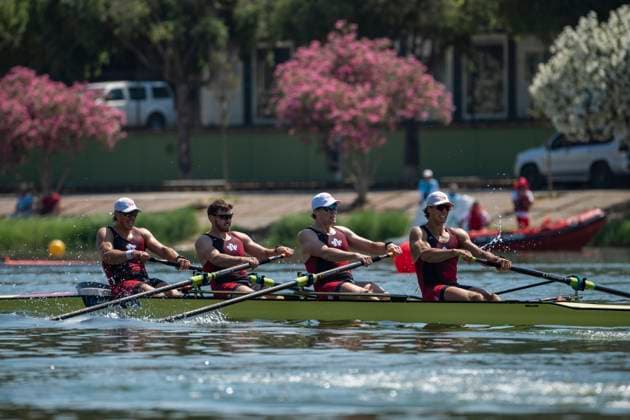 Seville, Spain. 30 May 2026. Rowers Steven Rosts, Axel Eiger Ewashko, Curtis Ames and Ryan Clegg (Canada) during the M4- Men’s Coxless Four Semifinal 2 Race at the World Rowing Cup 1 2026 at CEAR La Cartuja. Seville Spain Copyright: xDavidxSarmientox xVWPicsx DSG-0890