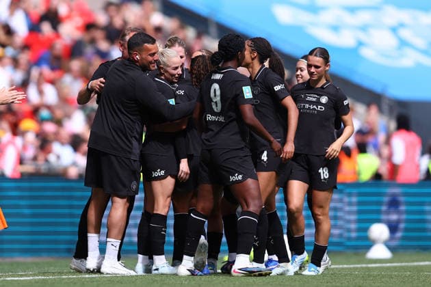 London, England, 31st May 2026. Alex Greenwood of Manchester City Women celebrates with team mates and coaching staff after scoring to make it 2-0 during the Brighton Women vs Manchester City Women The Women s FA Cup match at Wembley Stadium, London. Picture credit should read: Paul Terry Sportimage EDITORIAL USE ONLY. No use with unauthorised audio, video, data, fixture lists, club league logos or live services. Online in-match use limited to 120 images, no video emulation. No use in betting, games or single club league player publications. SPI_028_PT_Brighton_W_Man_City_W SPI-4831-0028