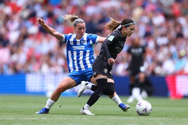London, England, 31st May 2026. Jelena Cankovic of Brighton and Hove Albion Women and Yui Hasegawa of Manchester City Women challenge for the ball during the Brighton Women vs Manchester City Women The Women s FA Cup match at Wembley Stadium, London. Picture credit should read: Paul Terry Sportimage EDITORIAL USE ONLY. No use with unauthorised audio, video, data, fixture lists, club league logos or live services. Online in-match use limited to 120 images, no video emulation. No use in betting, games or single club league player publications. SPI_037_PT_Brighton_W_Man_City_W SPI-4831-0037